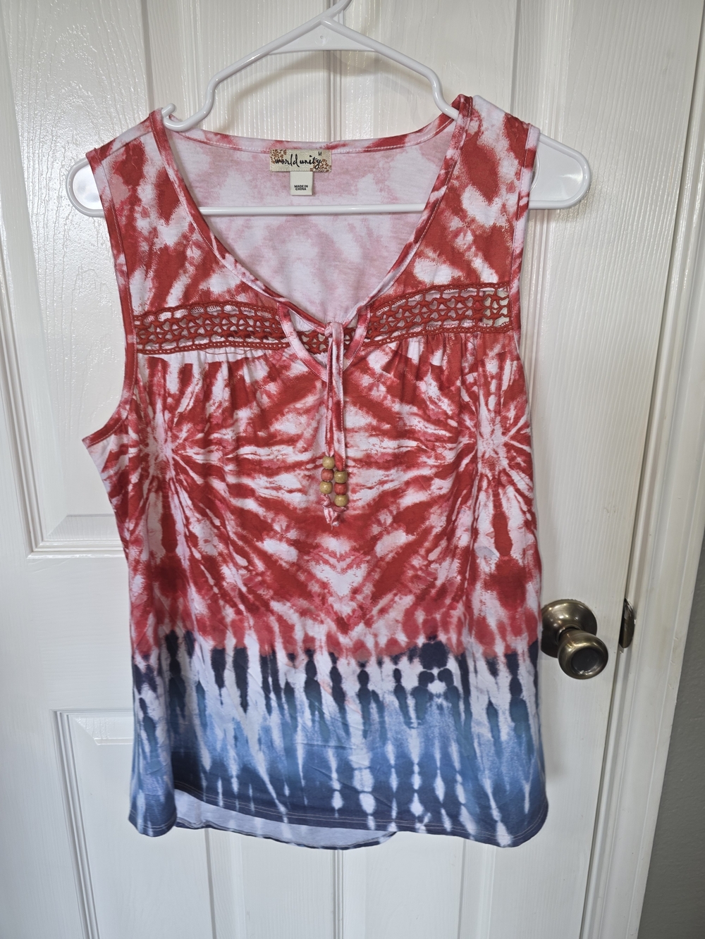 Red and Blue Tie-Dye Sleeveless Top with Crochet Yoke